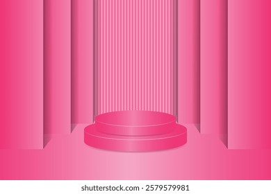 The pink podium features a circular stage with a symmetrical pillar background. Futuristic design suitable for architectural concepts, presentations, display mockups or digital backgrounds.