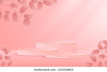 Pink podium with gold lines for displaying products with leaves surrounding them. Cosmetic product display. vector illustration
