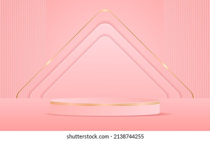 Pink podium with gold lines for product display with triangular shape on the back for product presentation. cosmetic product display vector illustration
