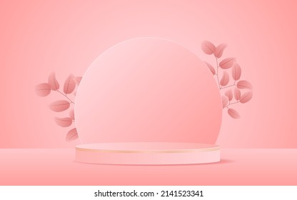 Pink podium with gold lines for product display and circular shape and leaf at the back for product presentation. Cosmetic product display. vector illustration
