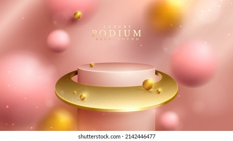 Pink podium in golden 3d ball element and blur effect decoration and glitter light and bokeh.