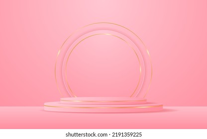 Le podium rose a une forme circulaire et des lignes dorées sur le dos pour la présentation du produit. Affichage du produit cosmétique. illustration vectorielle	