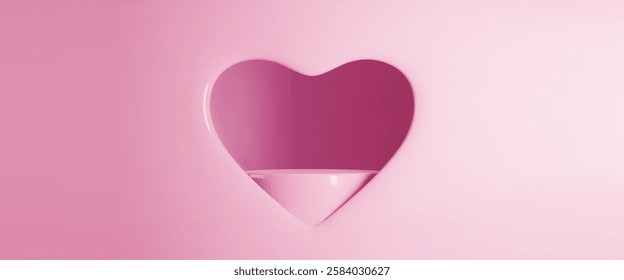 Podio rosa en ventana en forma de corazón. Vector ilustración realista de San Valentín o el fondo del Anuncio del día de las madres, plataforma brillante para el producto, regalo, venta o presentación del descuento, tarjeta del día de fiesta