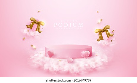 Podio rosa con elementos en forma de corazón, cajas de regalo y cinta dorada, concepto de fondo de lujo realista, Espacio vacío para colocar texto y productos para promoción. Ilustración vectorial 3d.