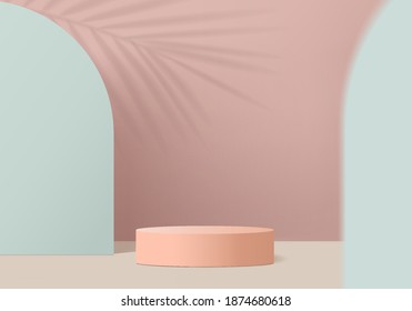 pink podium minimal stage scene with leaf and geometric platform. Summer 3d vector podium rendering background. Stand to show cosmetic products. Stage 3d studio pedestal, green pink minimal podium