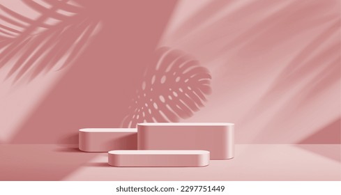 Pink podium mockup for product display background, vector 3D platform stand. Pink podium pedestal with palm leaves shadow on wall, cosmetic or luxury product display and studio showcase with podiums