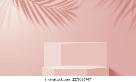 Podio rosa, fondo vectorial moderno 3d con plataforma geométrica y sombras de hojas de palma en la pared. Representación realista para la presentación de productos cosméticos. Escaparate, pedestal en estudio