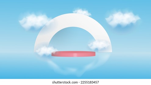 pink podium on blue background and cloud ornament eps 10