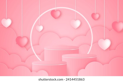 Podio rosado con nubes de papel cortadas con corazones rosados y blancos colgando para el Día de San Valentín. Presentación de productos cosméticos. Etapa o podio. Ilustración del vector
