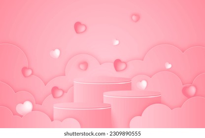 Podio rosado con
Cortan papel y corazones rosados flotantes. Concepto de San Valentín para la presentación de productos. Presentación de productos cosméticos. Etapa o podio. ilustración vectorial