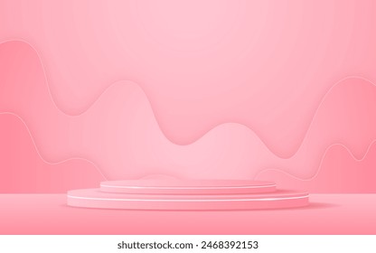 Pink podium with pink Paper cut on the back for product presentation. Display of cosmetic products. Stage or podium. vector illustration	