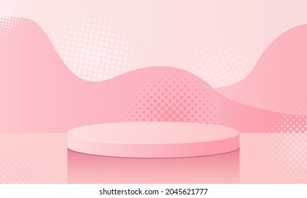 Pink podium with powdery platform and reflections and halftone dots. demonstration of an advertising product. studio background vector 3d rendering pastel background.