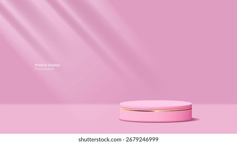 Pink podium product display presentation with small golden platform, perfect for showcasing cosmetics, jewelry or small luxury items in a chic setting.