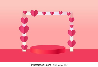
Podio rosado. Marco rectangular de foto decorado con corazones Sobre fondo rosado. Estadio cilíndrico vacío. Diseño para tarjetas, banners de bodas, promociones de productos Nueva presentación de productos.