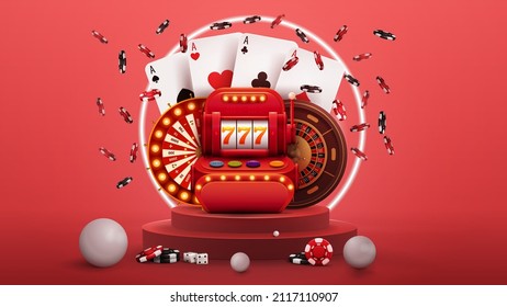 Pink podium with Red slot machine, Casino Wheel Fortune, Roulette, poker chips, playing cards and neon ring on background pink abstract scene with neon white ring