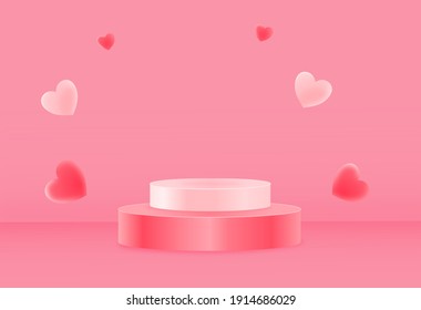 Pink Podium Or  Showcase To Place Products With Hart Isolate On Pink Background For Wedding And Valentine's Day, Vector Illustration 