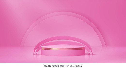 Pink podium stage. 3d vector realistic round pedestal for beauty products and cosmetics presentation. Cylindrical scene mockup with golden rings and arched decor. Elegant background for ads promotions