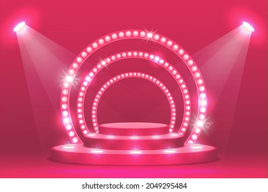 Pink podium stage with ramp lights, vector ceremony award and show scene. Empty podium stage with spotlight, concert red pedestal or fashion round platform in 3D, illuminated with spot lamps