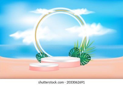 Escena de podio rosado y de verano con nubes de cielo de agua marina iluminadas con luces de neón de linternas. Forma geométrica de representación de fondo abstracta. Escenario para mostrar cosméticos en el podio. 3.ᵉʳ vector