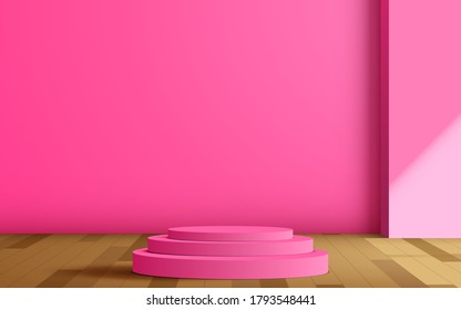 podio rosa con luz solar en la sala de estudio