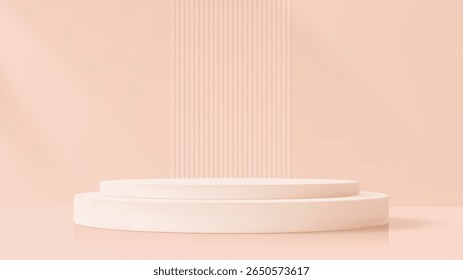 Pink podium with two round tiers. Empty product display stage for mockup. Ideal for beauty, cosmetic product presentation and advertising.