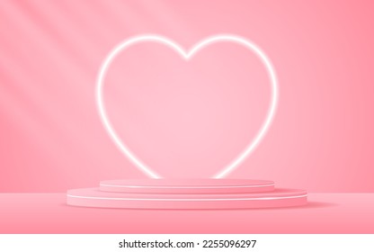 Pink podium with white heart shape on the back, valentines day concept for product presentation. Display of cosmetic products. stage or podium. vector illustration