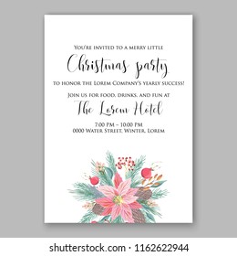 Pink Poinsettia Christmas Party invitation vector winter floral wreath clipart holiday background fir branch pine cone dog-rose berry lilly