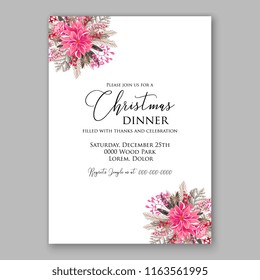 Pink Poinsettia Christmas party invitation flyer winter floral vector background bridal shower baby shower christening baptism birthday card anniversary poinsettia winter holiday wreath