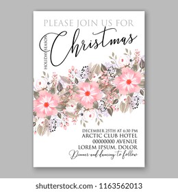Pink Poinsettia Christmas party invitation flyer winter floral vector background bridal shower baby shower christening baptism birthday card anniversary poinsettia winter holiday wreath
