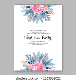 Pink Poinsettia Christmas party invitation flyer winter floral vector background bridal shower baby shower christening baptism birthday card anniversary poinsettia winter holiday wreath