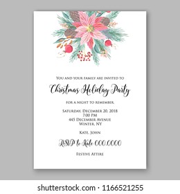 Pink Poinsettia Christmas party invitation floral winter holiday illustration fir red berry