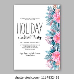 Pink Poinsettia Christmas party invitation flyer poster winter floral vector background bridal shower baby shower christening baptism birthday card anniversary  fir pine winter holiday wreath