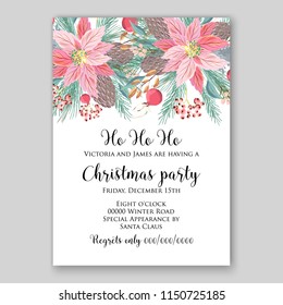 Pink Poinsettia fir rosehip red berries  flower fir pine winter needle wreath floral Merry Christmas Party invitation card printable template vector holiday flyer wording