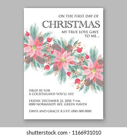 Pink Poinsettia fir rosehip red berries flower fir pine winter needle wreath floral Merry Christmas Party invitation card printable template vector holiday flyer wording