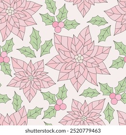 Pink Poinsettia flower Holly berry Xmas plant vector seamless pattern. Coquette Christmas background.