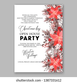 Pink Poinsettia Merry Christmas Party Invitation flyer Floral winter wreath of flower fir pine cone berry