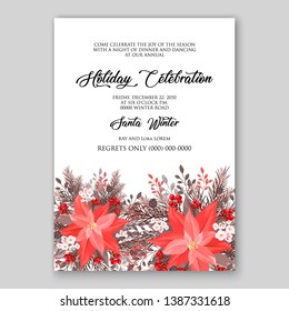 Pink Poinsettia Merry Christmas Party Invitation flyer Floral winter wreath of flower fir pine cone berry