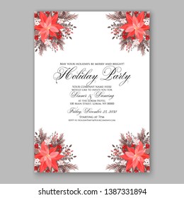 Pink Poinsettia Merry Christmas Party Invitation flyer Floral winter wreath of flower fir pine cone berry