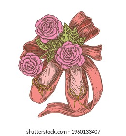Pink pointe shoes and bouquet of roses. Color. Engraving style. Vector illustration.