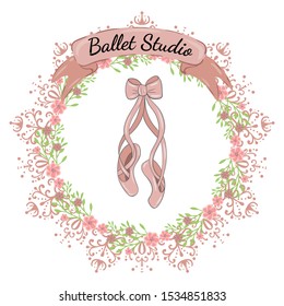 Pink pointe shoes with bow. Decorative circle floral frame with the inscription ballet studio. Can be used as logo.