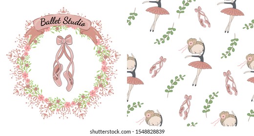 Pink pointe shoes with bow. Decorative circle floral frame with the inscription ballet studio. Pink pointe shoes and ballerina on white. Decorative seamless pattern on white.