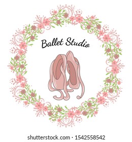 Pink pointe shoes. Decorative circle floral frame with the inscription ballet studio. Can be used as logo.