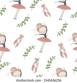 Pink pointe shoes, green eucalyptus branches and ballerina on white. Decorative seamless pattern on white.