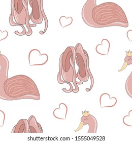 Pink pointe shoes, heart and swan on white. Decorative seamless pattern on white.