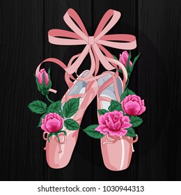 Pink pointes female ballet shoes with pink roses flat design on black background. Vector illustration of ballet shoes, web banner.