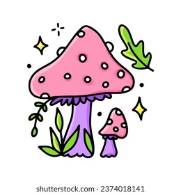 Pink poisonous mushrooms on a white background. Fly agaric in the forest. The ingredient of the witch's magic potion. A graphic element of Halloween. Vector illustration of alchemy, black magic.