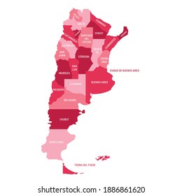Pink political map of Argentina. Administrative divisions - provinces. Simple flat vector map with labels.