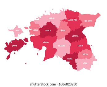 Mapa político rosado de Estonia. Divisiones administrativas - condados. Mapa simple de vector plano con etiquetas.