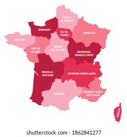 Pink political map of France. Administrative divisions - metropolitan regions. Simple flat vector map with labels.