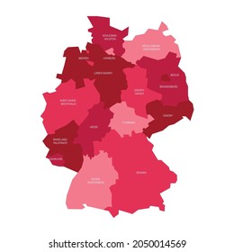 Pink political map of Germany. Administrative divisions - federal states and 3 city-states - Berlin, Bremen and Hamburg. Simple flat vector map with labels